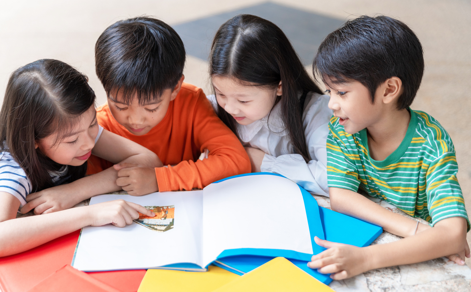 Asian Kid Read Book Together, Education Concept